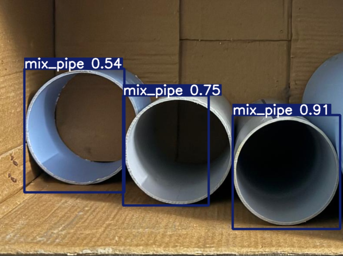 YOLOv8 pipe detection visualization showing three test images with bounding boxes