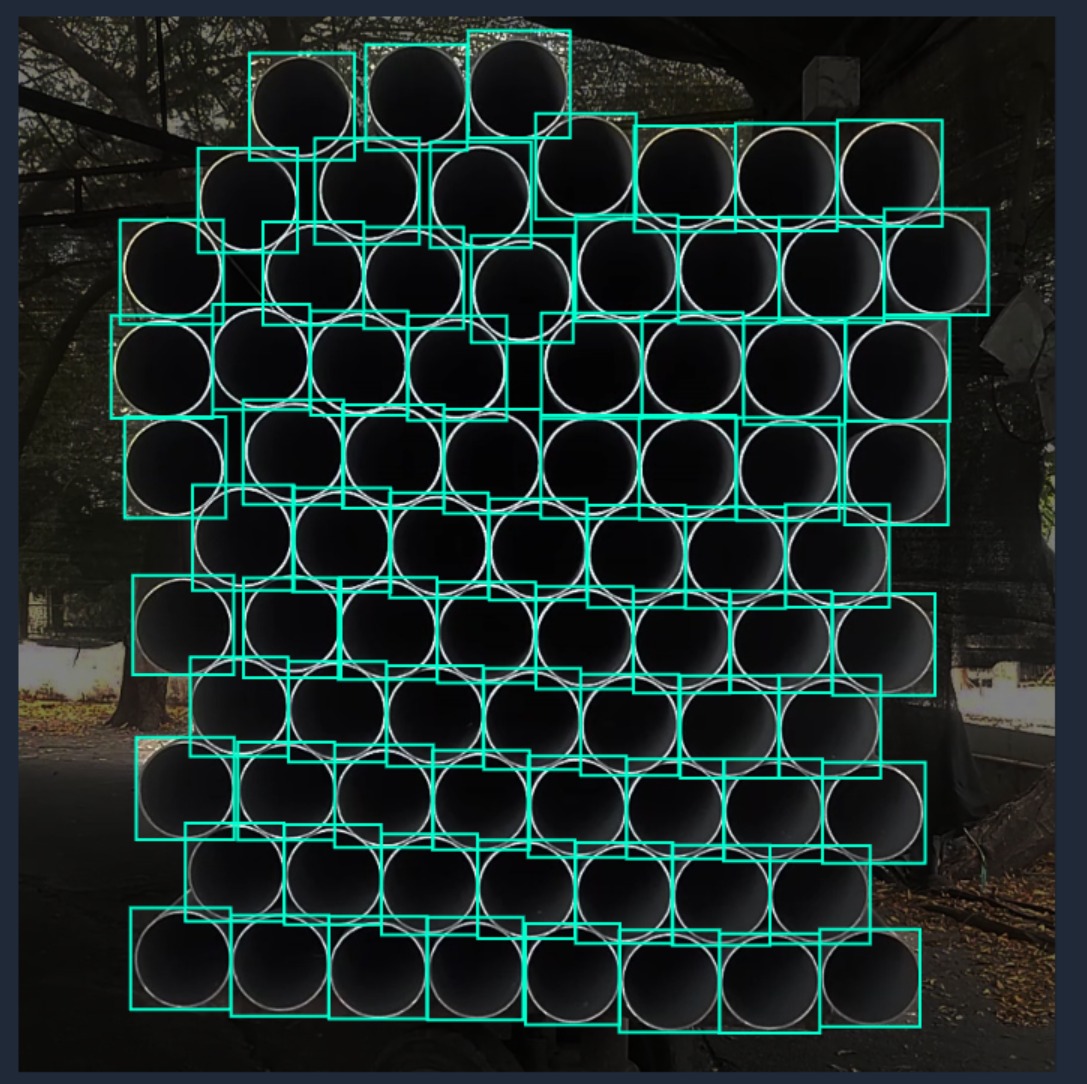 YOLOv8 pipe detection visualization showing three test images with bounding boxes