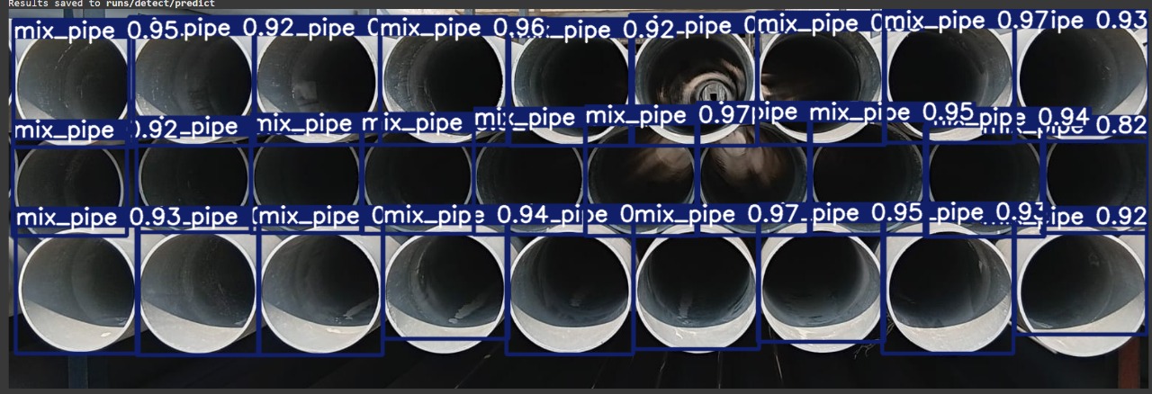YOLOv8 pipe detection visualization showing three test images with bounding boxes